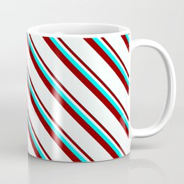 [ Thumbnail: Cyan, Dark Red & Mint Cream Colored Stripes Pattern Coffee Mug ]