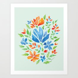 Blue and Orange Florals - Pastel Mint Ver.  Art Print