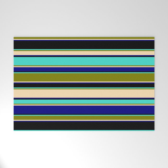 Turquoise, Green, Beige, Blue & Black Colored Striped/Lined Pattern Welcome Mat