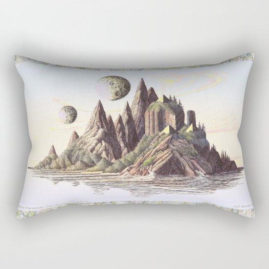 THREE PYRAMIDS, TWO MOONS, ONE ISLAND, VINTAGE PEN AND PENCIL DRAWING Rectangular Pillow