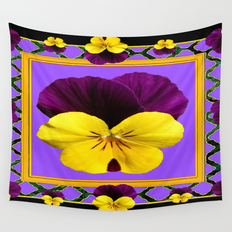 Black Purple Yellow Gold Spring Pansies Wall Tapestry By