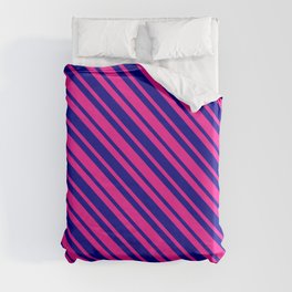 [ Thumbnail: Deep Pink and Dark Blue Colored Lined Pattern Duvet Cover ]