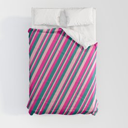 [ Thumbnail: Pink, Deep Pink, and Teal Colored Striped Pattern Comforter ]