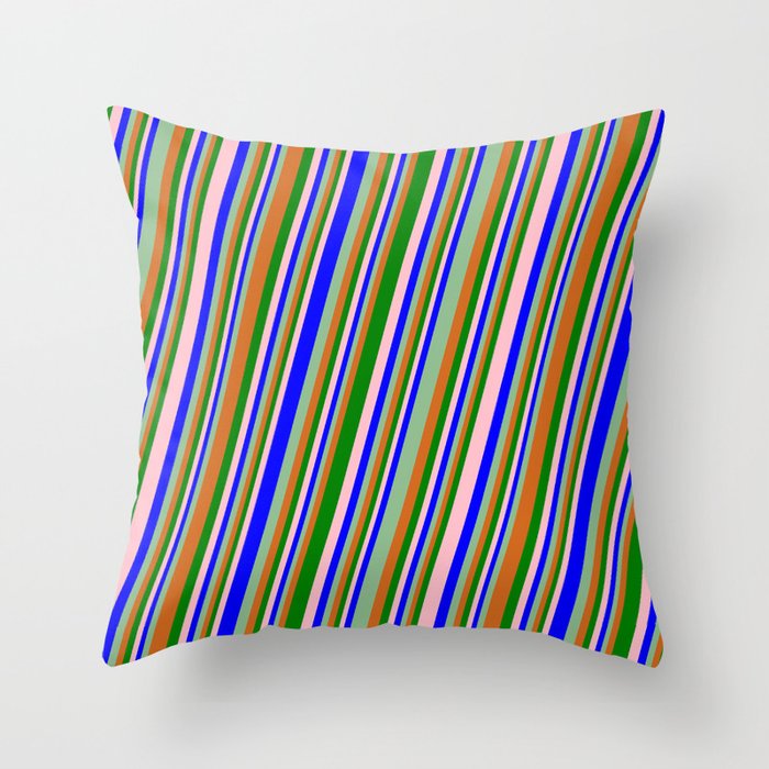 Eyecatching Pink, Blue, Dark Sea Green, Chocolate, and Green Colored Pattern of Stripes Throw Pillow