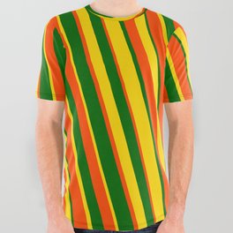 [ Thumbnail: Dark Green, Yellow, and Red Colored Stripes Pattern All Over Graphic Tee ]