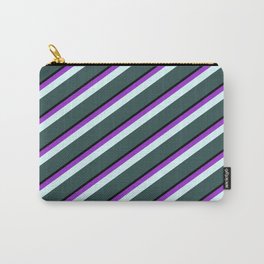 [ Thumbnail: Dark Orchid, Light Cyan, Dark Slate Gray & Black Colored Lines Pattern Carry-All Pouch ]