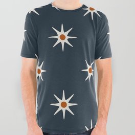 Atomic mid century retro star flower pattern in navy background All Over Graphic Tee