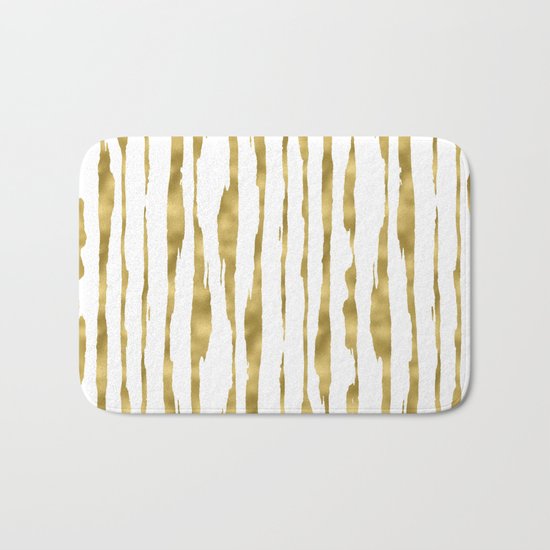 Small uneven hand painted gold stripes on clear white - vertical pattern Bath Mat