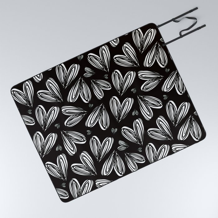 Black And White Heart Doddles Valentines Day Anniversary Pattern Picnic Blanket