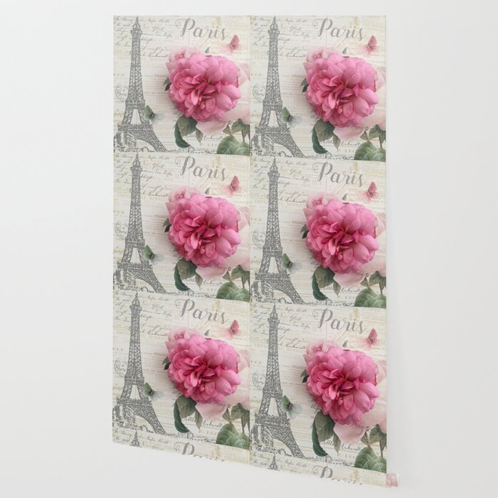Paris Pink Rose Eiffel Tower Typography Shabby Chic Cottage Decor
