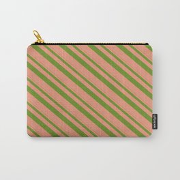 [ Thumbnail: Green & Dark Salmon Colored Lines/Stripes Pattern Carry-All Pouch ]