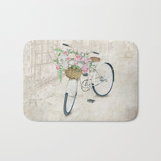 Vintage bicycles with roses basket Bath Mat