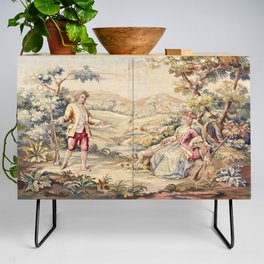 Antique 19th Century French Aubusson Tapestry Romantic Hunting Scene Credenza