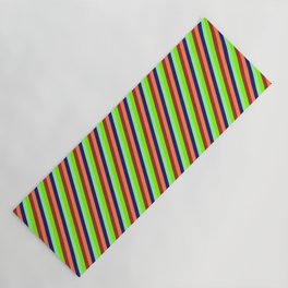 [ Thumbnail: Vibrant Green, Chartreuse, Brown, Coral, and Midnight Blue Colored Lines/Stripes Pattern Yoga Mat ]