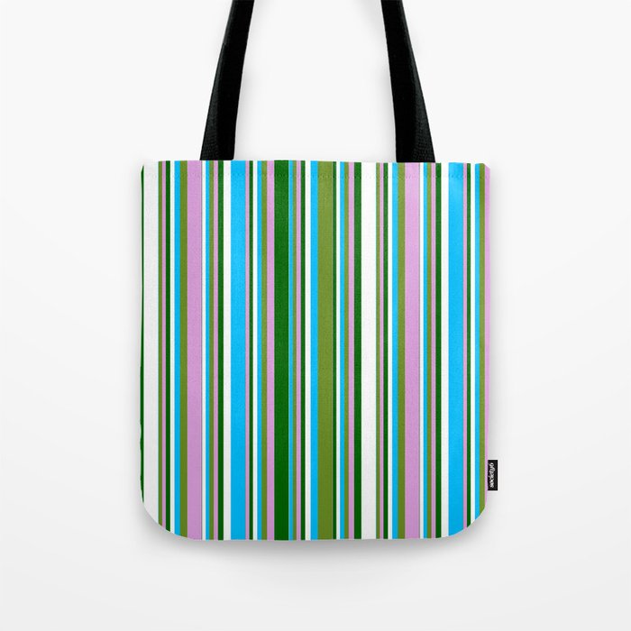 Green, Plum, Dark Green, White & Deep Sky Blue Colored Stripes Pattern Tote Bag