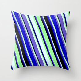 [ Thumbnail: Green, Light Cyan, Slate Blue, Blue, and Black Colored Stripes Pattern Throw Pillow ]