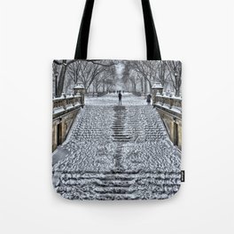 Steps of Snow Exiting Bethesda Terrace Tote Bag