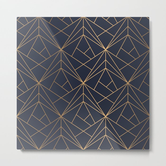Navy blue Gold Geometric Pattern With White Shimmer Metal Print