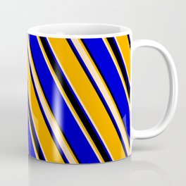 [ Thumbnail: Orange, Tan, Blue, and Black Colored Striped Pattern Coffee Mug ]
