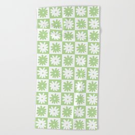 Green And White Checkered Flower Pattern Beach Towel