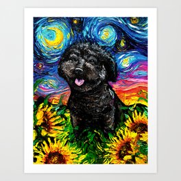Black Poodle Night 4 Art Print | Dogandflowers, Colorfulart, Cutepoodle, Ajatrier, Cutedog, Dog, Happypoodle, Sunflowers, Oil, Poodle 