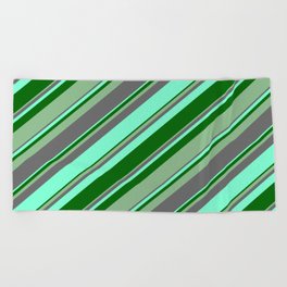 [ Thumbnail: Dim Gray, Aquamarine, Dark Green, and Dark Sea Green Colored Lines/Stripes Pattern Beach Towel ]