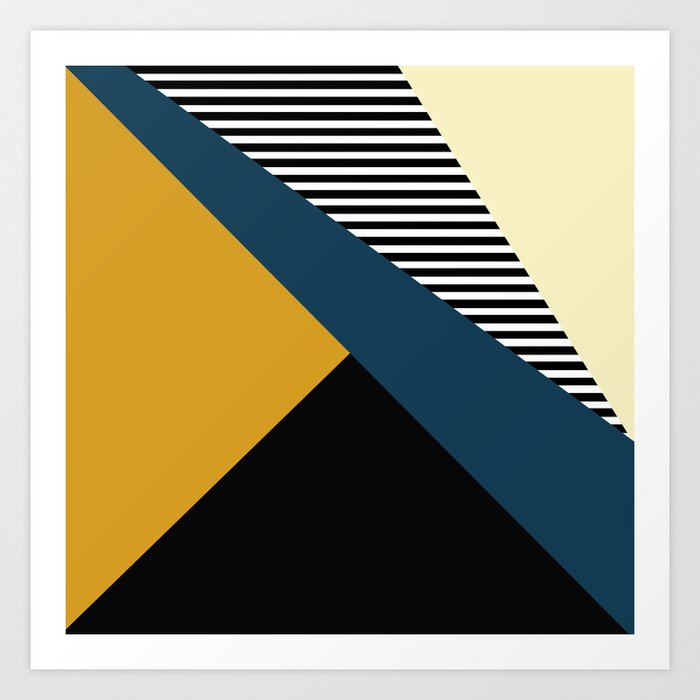 Striped, Abstract, Geometric Art, Blue, Yellow and Black Art Print