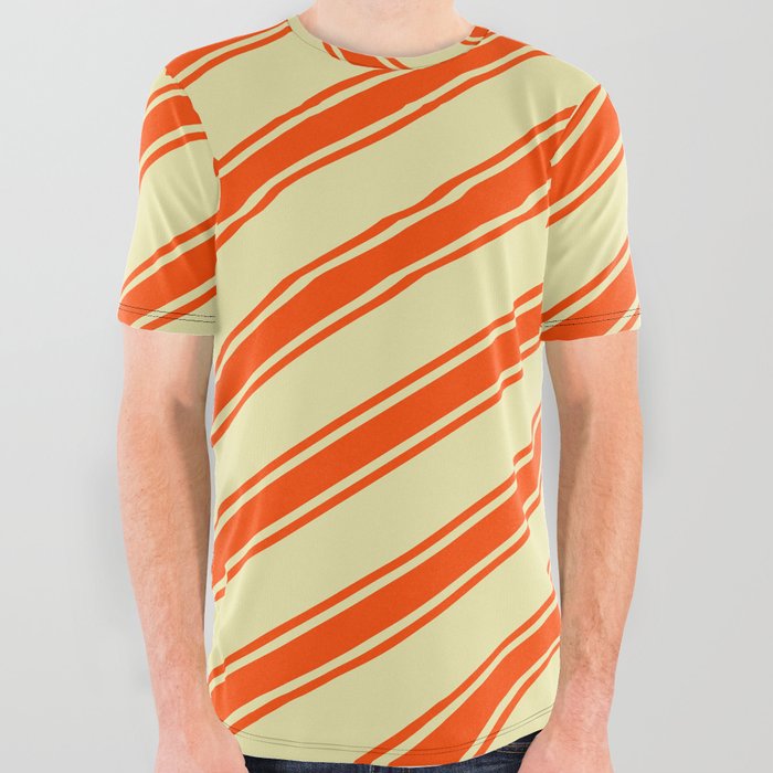Pale Goldenrod & Red Colored Lined Pattern All Over Graphic Tee