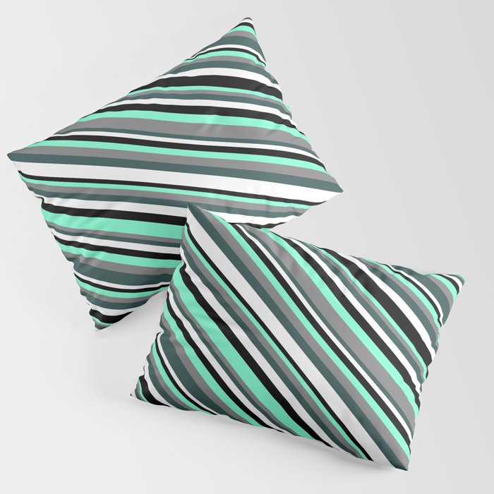 Eyecatching Aquamarine, Gray, Dark Slate Gray, White & Black Colored Striped Pattern Pillow Sham
