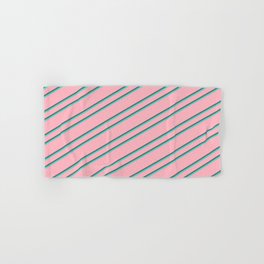 [ Thumbnail: Light Pink, Dim Gray & Turquoise Colored Stripes/Lines Pattern Hand & Bath Towel ]