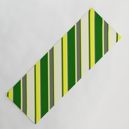 [ Thumbnail: Beige, Dim Gray, Dark Green & Yellow Colored Lined Pattern Yoga Mat ]