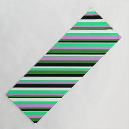 [ Thumbnail: Green, Violet, Forest Green, Black, and White Colored Stripes Pattern Yoga Mat ]