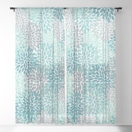 Modern Floral Prints, Teal, Turquoise and Gray Sheer Curtain