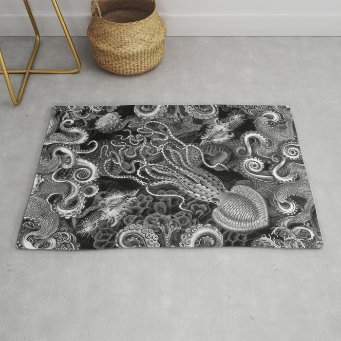 The Kraken Black White Square Alt Rug By Mechanicalwhispers