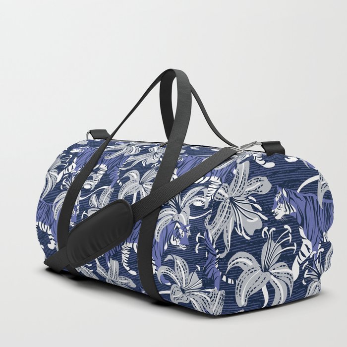 Tigers in a tiger lily garden // textured navy blue background very peri wild animals light grey flowers Duffle Bag