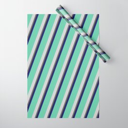 [ Thumbnail: Vibrant Midnight Blue, Aquamarine, Light Gray, Dim Gray, and Black Colored Pattern of Stripes Wrapping Paper ]
