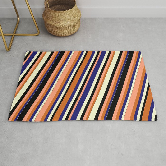 Vibrant Light Salmon, Chocolate, Midnight Blue, Light Yellow, and Black Colored Stripes Pattern Rug