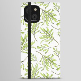 Tea tree leaves seamless pattern. Hand drawn vintage illustration of Melaleuca. Green medicinal plant isolated on white background.  iPhone Wallet Case