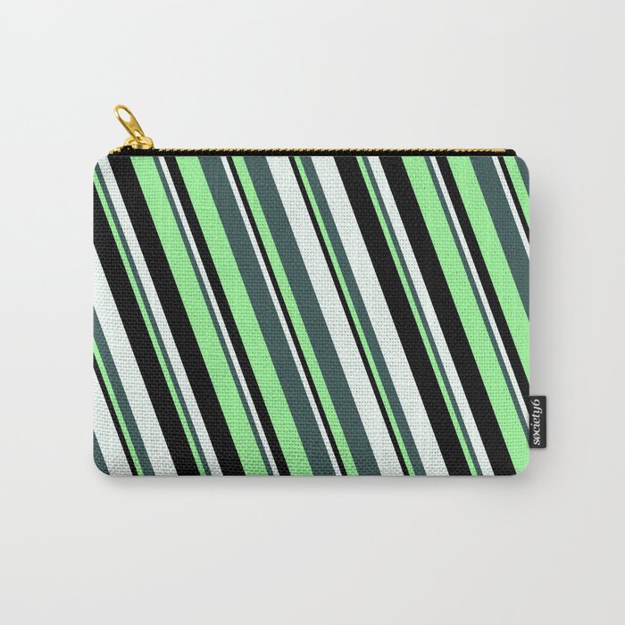 Dark Slate Gray, Green, Black & Mint Cream Colored Stripes/Lines Pattern Carry-All Pouch