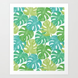 Tropical Monstera Leaves in Green, Watercolor Art Print