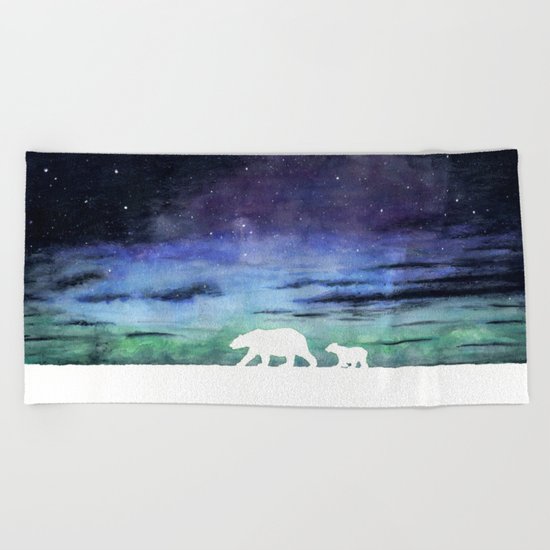 Aurora borealis and polar bears (white version) Beach Towel