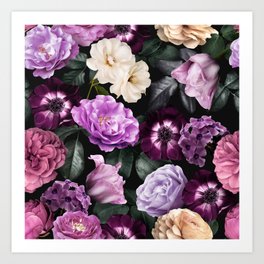 Midnight Garden - Vintage Flowers. Purple Roses, Anemone and Ranunculus. Art Print