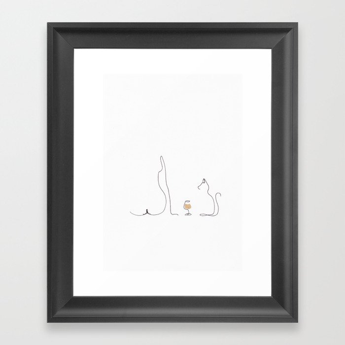 Woman, wine glass and cat Framed Art Print