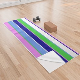 [ Thumbnail: Cornflower Blue, Lime Green, Violet, Dark Blue & White Colored Stripes/Lines Pattern Yoga Towel ]