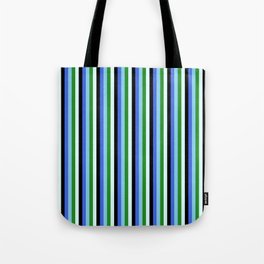 [ Thumbnail: Eyecatching Royal Blue, Sky Blue, Forest Green, Light Cyan, and Black Colored Lines/Stripes Pattern Tote Bag ]