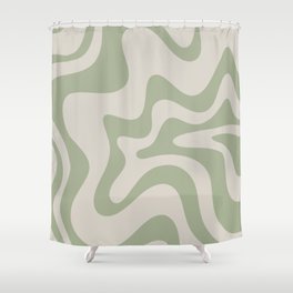 Retro Liquid Swirl Abstract Pattern Square Sage Green and Almond Beige Shower Curtain