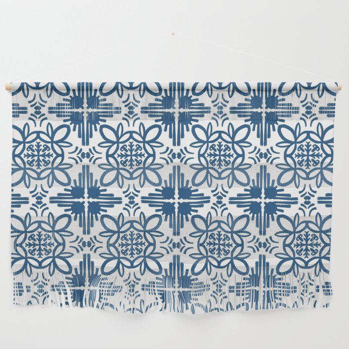 Cheerful Retro Modern Kitchen Tile Pattern Denim Blue Wall Hanging