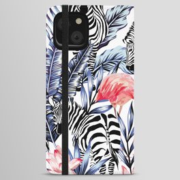 Exotic pink flamingo, zebra on background summer blue tropic palm leaf iPhone Wallet Case
