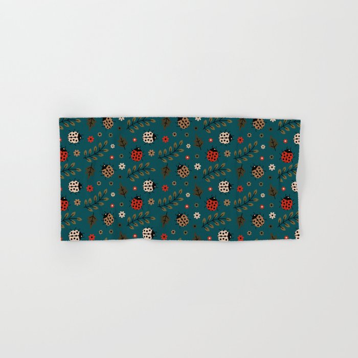 Ladybug and Floral Seamless Pattern on Teal Blue Background Hand & Bath Towel
