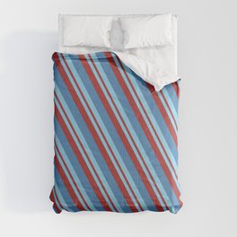[ Thumbnail: Sky Blue, Brown & Blue Colored Striped/Lined Pattern Comforter ]